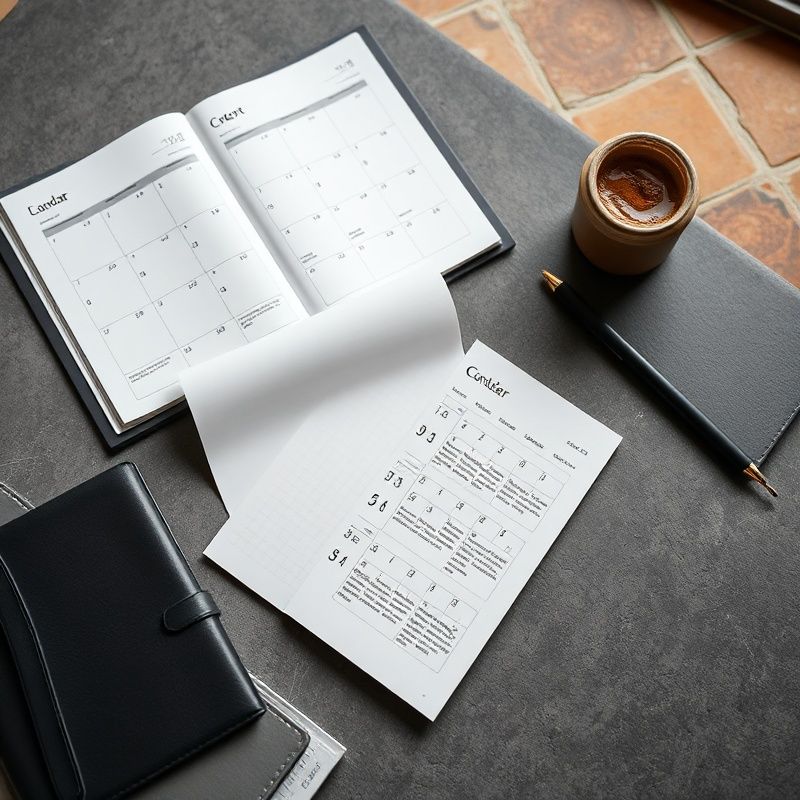 Espacio de trabajo estructurado con calendarios editoriales impresos y un cuaderno