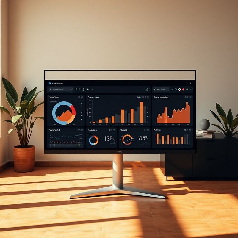 Panel de analítica editorial mostrando métricas en un monitor grande