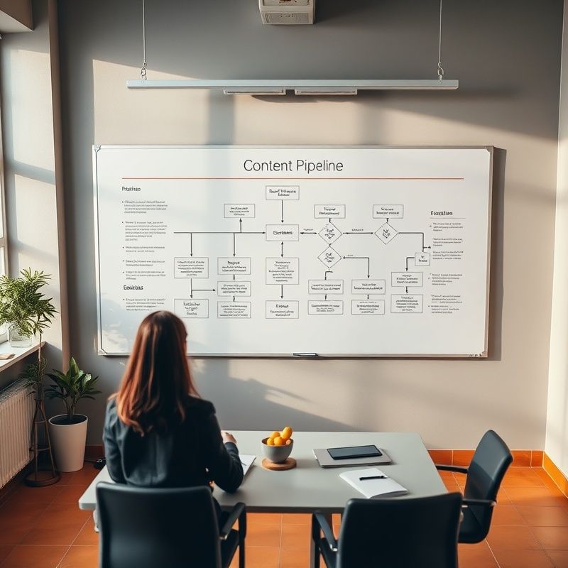 Diagrama de pipeline de contenido sobre una pizarra en una sala de reuniones